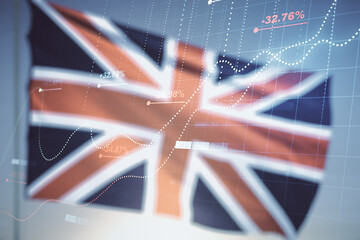 Double exposure of abstract creative statistics data hologram on flag of Great Britain and blue sky background, analytics and forecasting concept