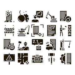 Demolition Building Glyph Set Vector. Crane With Wrecking Ball And Fence, Hammer And Dynamite Construction Demolition Glyph Pictograms Black Illustrations