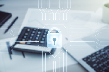 Virtual creative lock illustration with microcircuit on blurry calculator and computer background, cyber security concept. Multiexposure