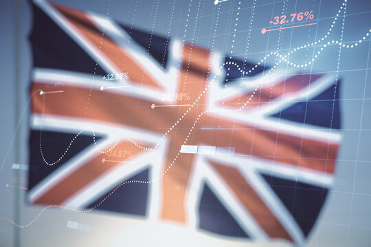 Double exposure of abstract creative statistics data hologram on flag of Great Britain and blue sky background, analytics and forecasting concept