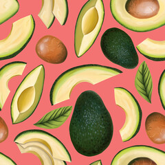 Avocado seamless pattern on a pink background. Fruit print made from organic avocado. Design of textiles, packaging and more. Stock illustration, digital art, oil imitation.