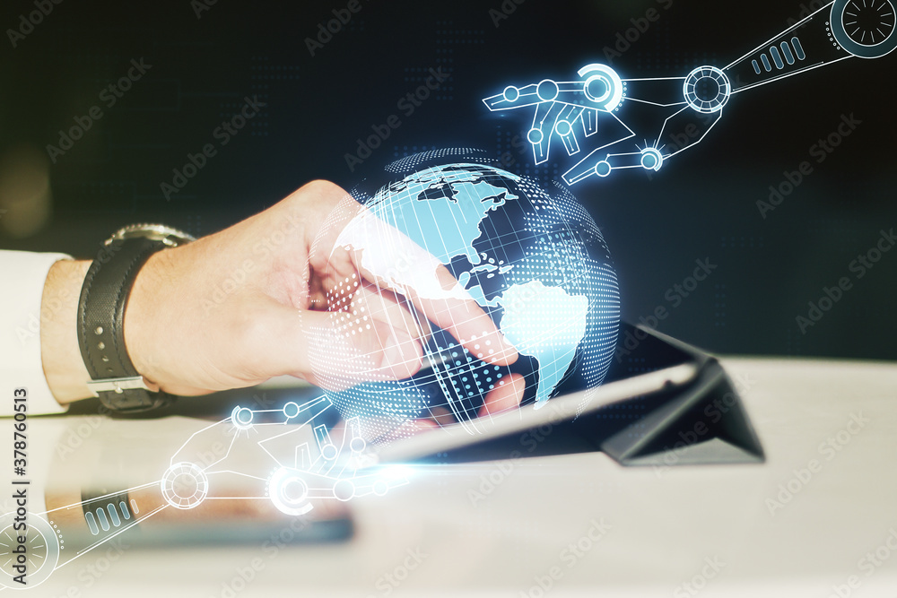Aufkleber double exposure of robotics technology with world map hologram and finger clicks on a digital tablet