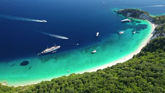 Aerial drone video of beautiful paradise turquoise sea sandy beach and bay of Gidaki accessible by short hiking in beautiful Ionian island of Ithaki or Ithaca, Greece