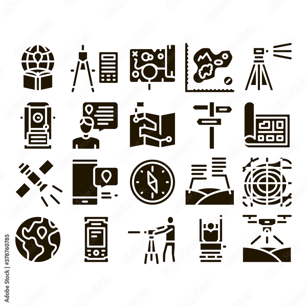 Canvas Prints Topography Research Glyph Set Vector. Topography Equipment And Device, Compass And Calculator, Satellite And Phone, Drone Glyph Pictograms Black Illustrations