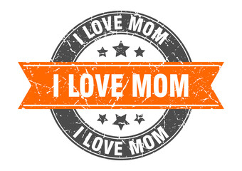 i love mom round stamp with ribbon. label sign