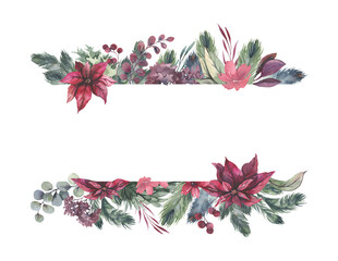Watercolor hand painted wreath with red flowers and green leaves.Watercolor floral illustration with branches - for wedding invite, stationary, greetings, wallpapers, background. High quality