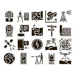 Topography Research Glyph Set Vector. Topography Equipment And Device, Compass And Calculator, Satellite And Phone, Drone Glyph Pictograms Black Illustrations - obrazy, fototapety, plakaty