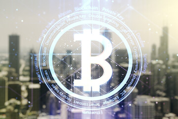 Virtual Bitcoin sketch on blurry skyscrapers background. Double exposure
