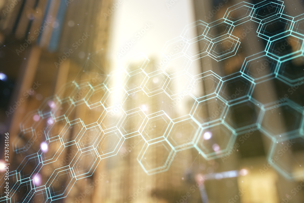 Poster abstract virtual wireless technology hologram with hexagon on office buildings background. big data 