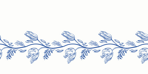 Blue retro antique porcelain floral border. Vintage kitchen, hand drawn botany tulip garland design. Line art florals on white background. Elegant nature background. Perefect for kitchen utensils