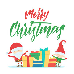 Vector Greeting card with Santa Claus, elf, gift boxes and handwritten lettering of Merry Christmas