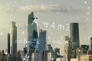 Scientific formula hologram on Manhattan cityscape background, research concept. Multiexposure