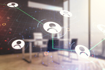 Double exposure of social network icons concept and modern desk with computer on background. Networking concept