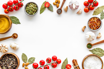 Frame of spices herbs and flavoring with space for text