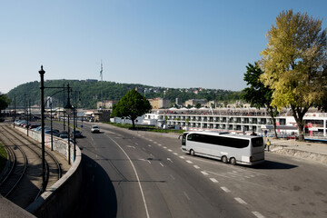 Majestic panoramic view of tourist attractions of Budapest, Hungary, famous chain bridge and Danube river 