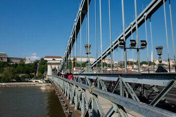 Famous chain bridge across the Danube river - tourist attraction of Budapest, Hungary