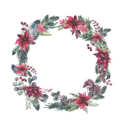 Watercolor hand painted wreath with red flowers and green leaves.Watercolor floral illustration with branches - for wedding invite, stationary, greetings, wallpapers, background. High quality