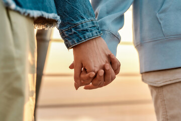 Close up of young lesbian couple holding each other hands, standing together outdoors