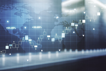 Abstract creative financial graph interface and world map on blurry modern office building background, forex and investment concept. Multiexposure
