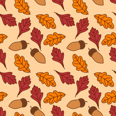 Obraz na płótnie Canvas Seamless pattern with acorns, autumn Oak and Hawthorn leaves. Vector illustration