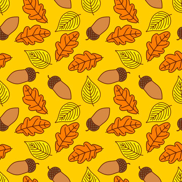 Seamless pattern with acorns, autumn Oak and Linden leaves. Vector illustration © zfmbek