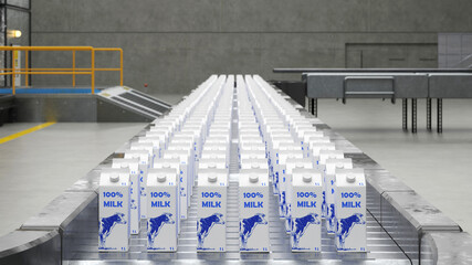 Milk on assembly line in dairy with automation