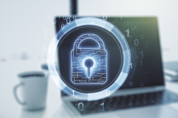 Creative lock sketch with chip hologram on modern laptop background, protection of personal data concept. Multiexposure