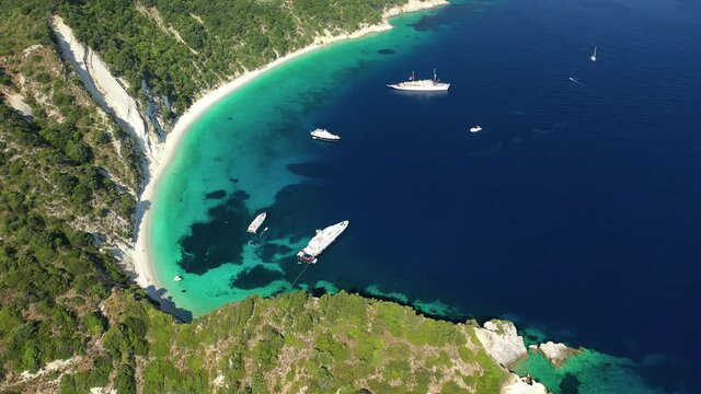 Aerial drone video of beautiful paradise turquoise sea sandy beach and bay of Gidaki accessible by short hiking in beautiful Ionian island of Ithaki or Ithaca, Greece