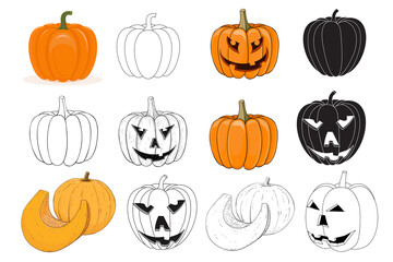 Pumpkins set. Black and white sketch isolated