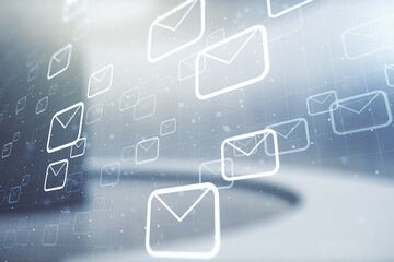 Abstract virtual postal envelopes sketch on empty room interior background, e-mail and marketing concept. Double exposure