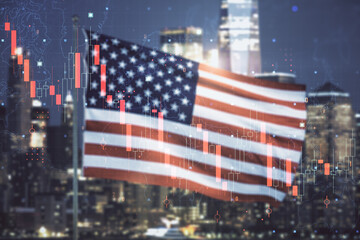 Double exposure of abstract virtual global crisis chart and world map hologram on USA flag and blurry cityscape background. Financial crisis and recession concept