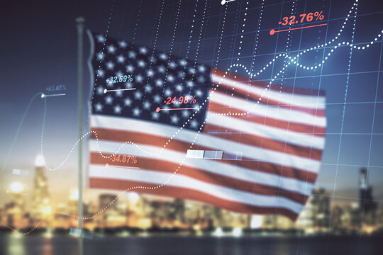 Multi exposure of abstract statistics data hologram interface on US flag and city background, computing and analytics concept