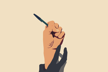 Concept of freedom of speech and information, stop censorship. Hand holding an open pen. It is dragged down by another hand. Vector Illustration with light yellow background - obrazy, fototapety, plakaty