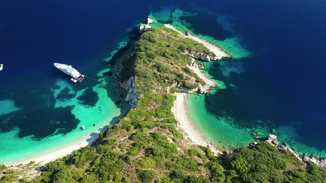 Aerial drone video of beautiful paradise turquoise sea sandy beach and bay of Gidaki accessible by short hiking in beautiful Ionian island of Ithaki or Ithaca, Greece