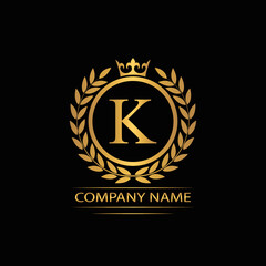 Golden Letter K laurel wreath template logo Luxury gold letter with crown. Monogram alphabet . Beautiful royal initials letter.	