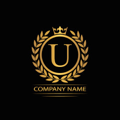 Golden Letter U laurel wreath template logo Luxury gold letter with crown. Monogram alphabet . Beautiful royal initials letter.	