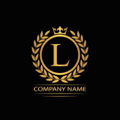 Golden Letter L laurel wreath template logo Luxury gold letter with crown. Monogram alphabet . Beautiful royal initials letter.	