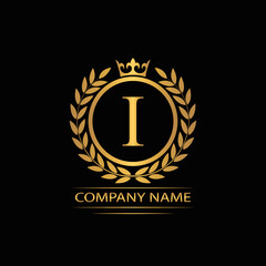 Fototapeta premium Golden Letter I laurel wreath template logo Luxury gold letter with crown. Monogram alphabet . Beautiful royal initials letter. 