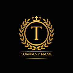 Golden Letter T laurel wreath template logo Luxury gold letter with crown. Monogram alphabet . Beautiful royal initials letter.	