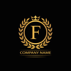 Golden Letter F laurel wreath template logo Luxury gold letter with crown. Monogram alphabet . Beautiful royal initials letter.	