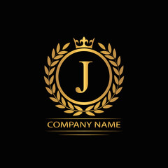 Golden Letter J laurel wreath template logo Luxury gold letter with crown. Monogram alphabet . Beautiful royal initials letter.	