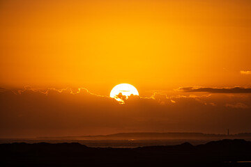 Sunrise in the beautiful protected nature area Het Oerd on the Wadden island of Ameland in the Netherlands, beautiful golden light in the early morning