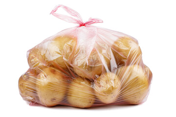 Potatoes in plastic packet isolated on white background