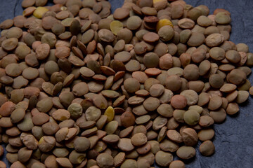 Pile of dry french green puy lentils, isolated on background