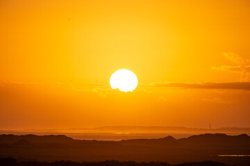 Sunrise in the beautiful protected nature area Het Oerd on the Wadden island of Ameland in the Netherlands, beautiful golden light in the early morning