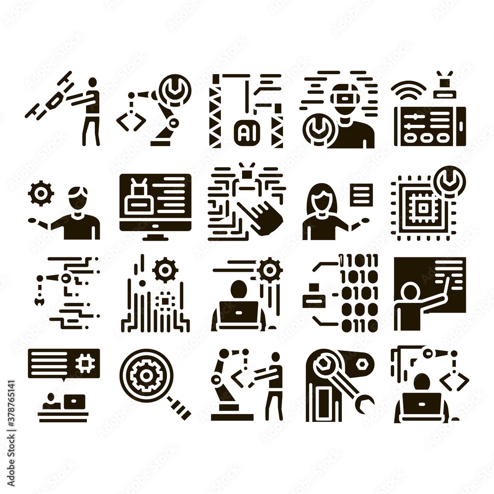 Aufkleber robotics master glyph set vector. human worker with drone and robot machine, robotics artificial int