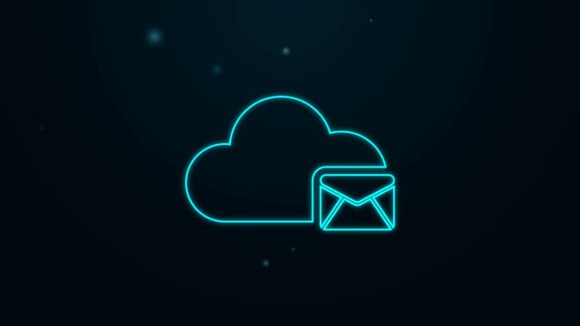 Glowing neon line Cloud mail server icon isolated on black background. Cloud server hosting for email. Online message service. Mailbox sign. 4K Video motion graphic animation.