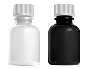 Black, white glass bottle, screw lid. Medical syrup jar mockup. Realistic crystal container for farmaceutical medication. Homeopathy tincture vial, suspension medicament dose