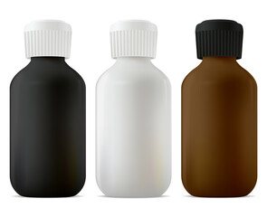 Medicine bottle, screw lid. Medical syrup jar black, white and brown blank. Medication suspension vial, cough cure. Pharmacy tincture or essential oil container