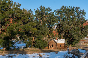 An old abandoned deserted farmhouse on the side of the road surrounded by big matured trees, Little Popo Agie River, Wyoming © Ron
